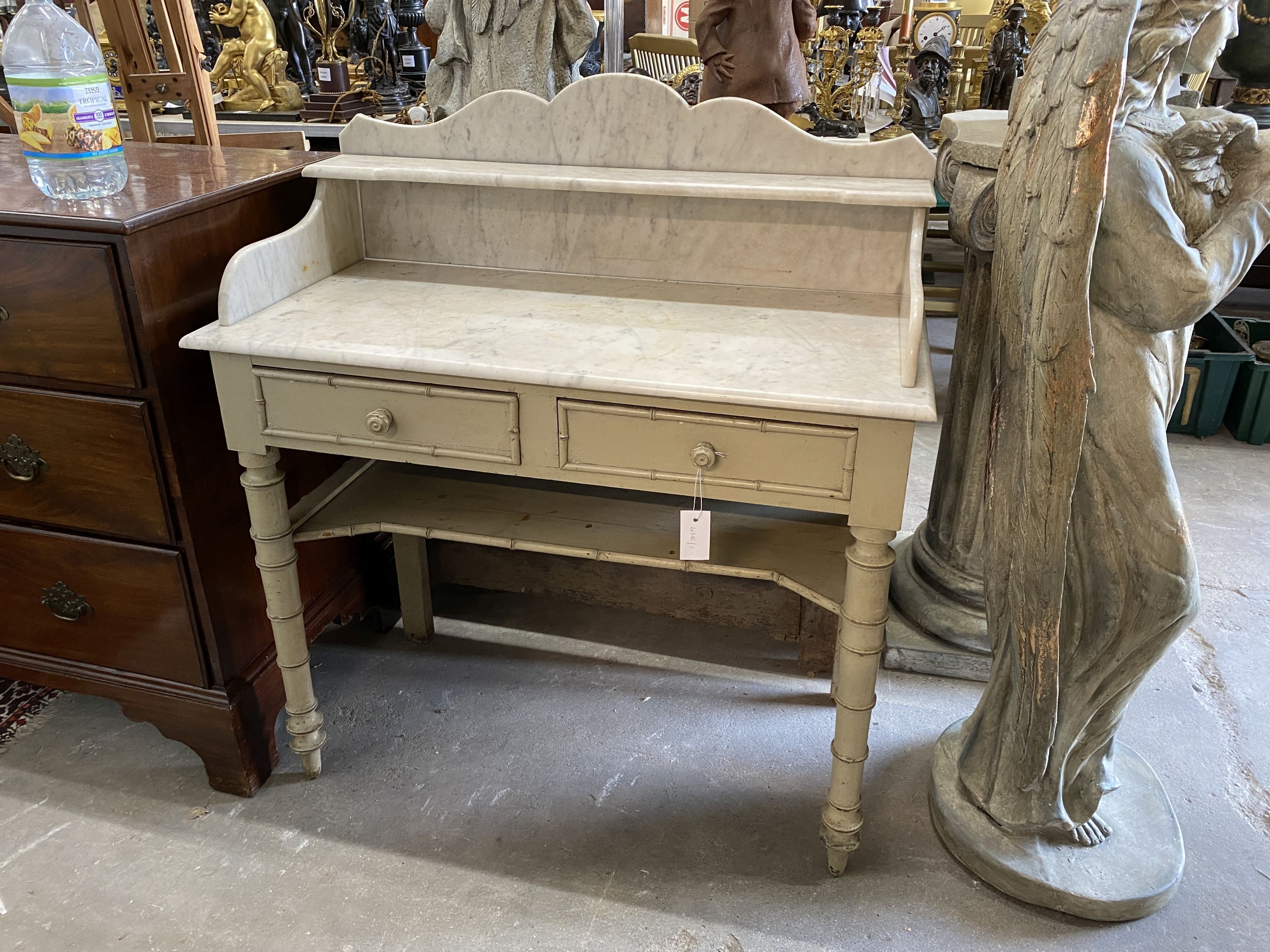 A Victorian painted pine faux bamboo marble top two drawer wash stand, width 90cm, depth 44cm, height 103cm